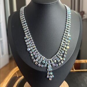 Stunning Vintage Blue Aurora Borealis Rhinestone Necklace